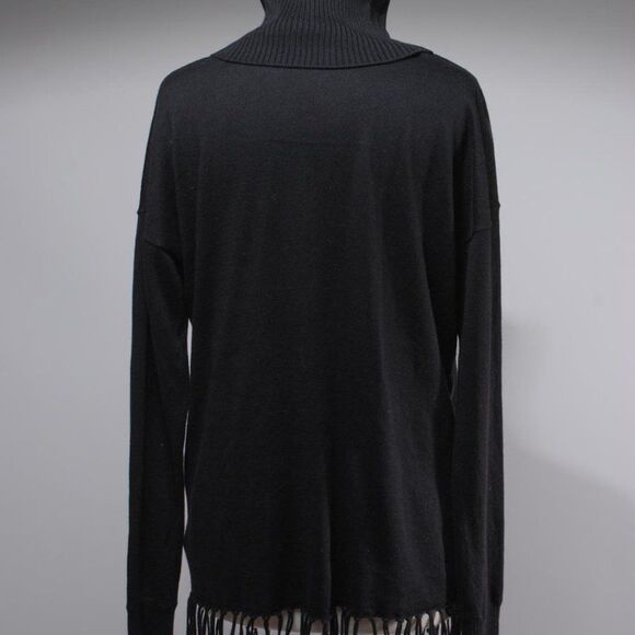 NWT Michael Kors Black Cotton Knit Fringed Turtleneck Sweater Size L - Picture 2 of 5